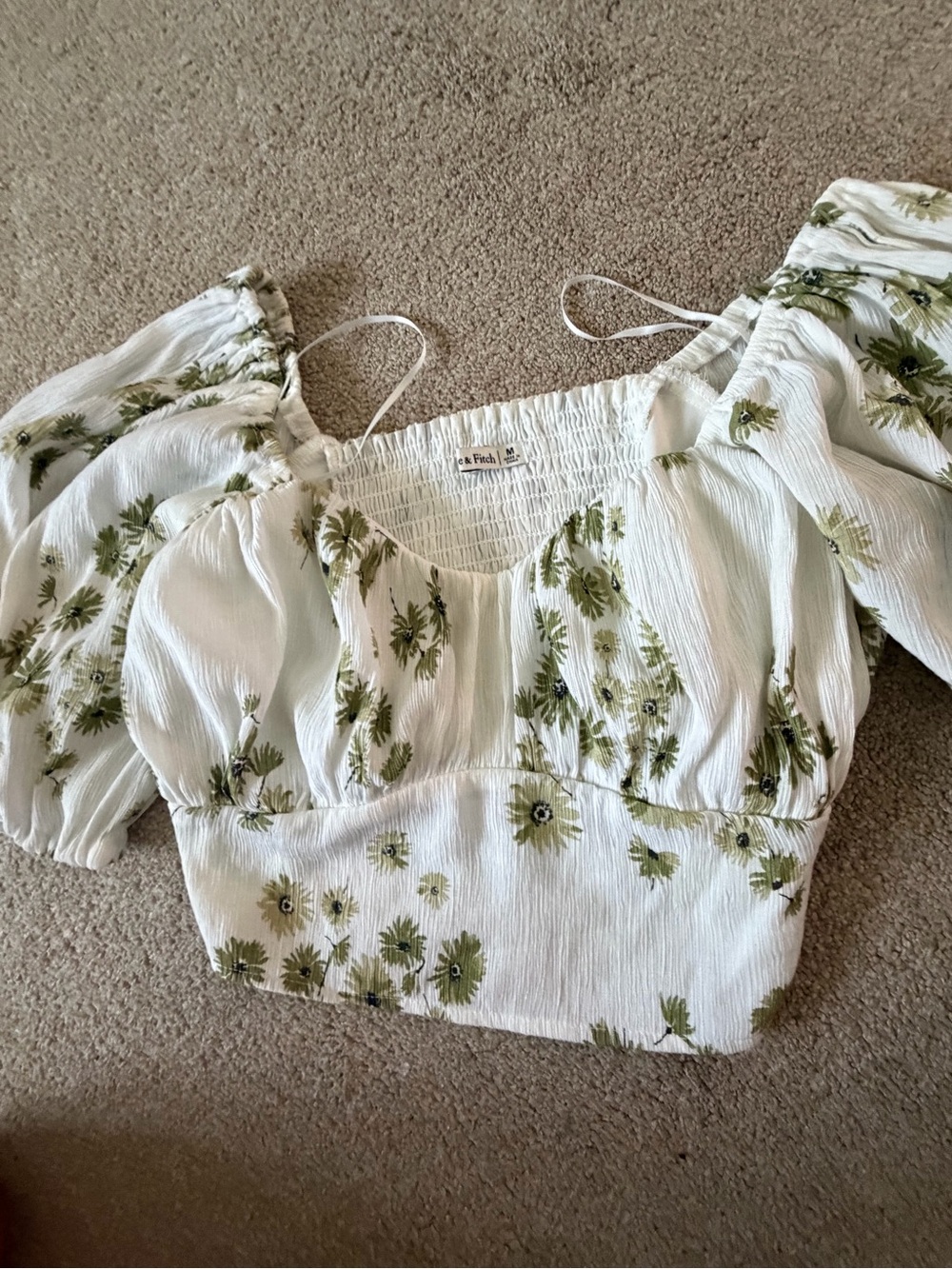 Abercrombie & Fitch Floral Smocked Crop Top Puff Sleeve White Green M